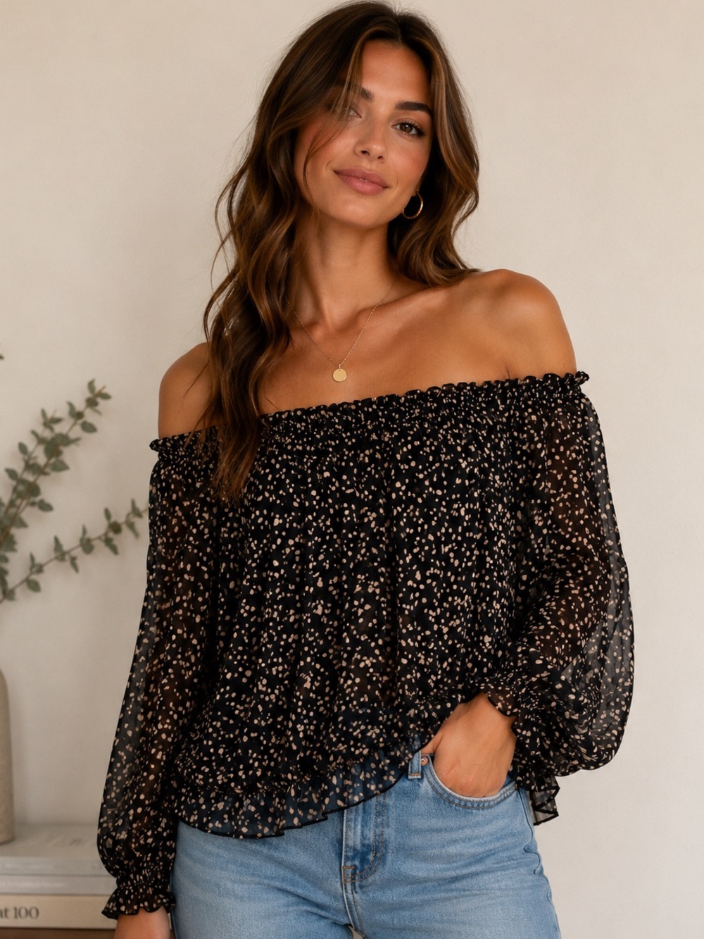 Made in Italy Silk Blend Black Sheer Off-Shoulder Blouse with Beige Dot Print